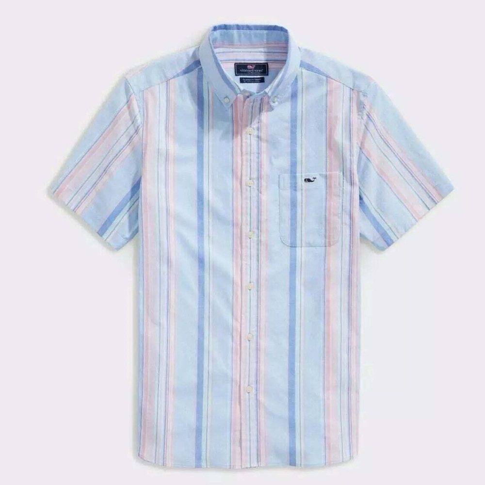 NWOT Mens Vineyard Vines Blue Striped Pastel Collard Shirt sz L